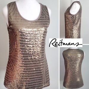 Metallic Taupe Gold Sequined Tank Top Holiday Office Party GNO Club Festival MED